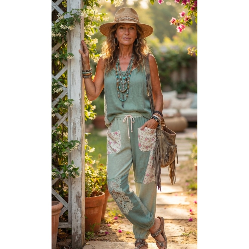 POL Sage Green Patchwork Joggers Floral Lace Waffle Knit Boho Pants Medium